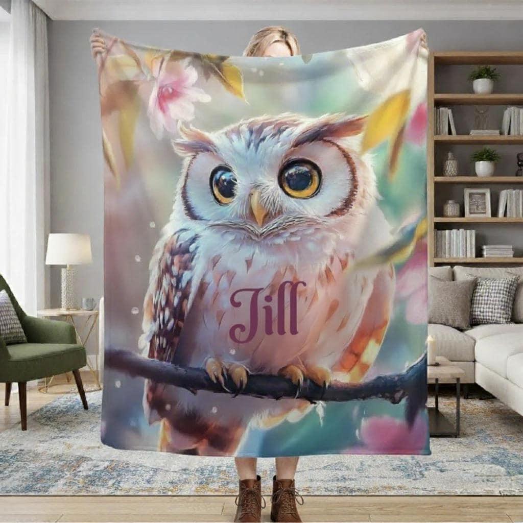Personalized Owl Blanket | Custom Name | Fluffy Baby Owl on Branch Golden Amber Eyes Pink Floral Watercolor Spring Fleece Throw Gift