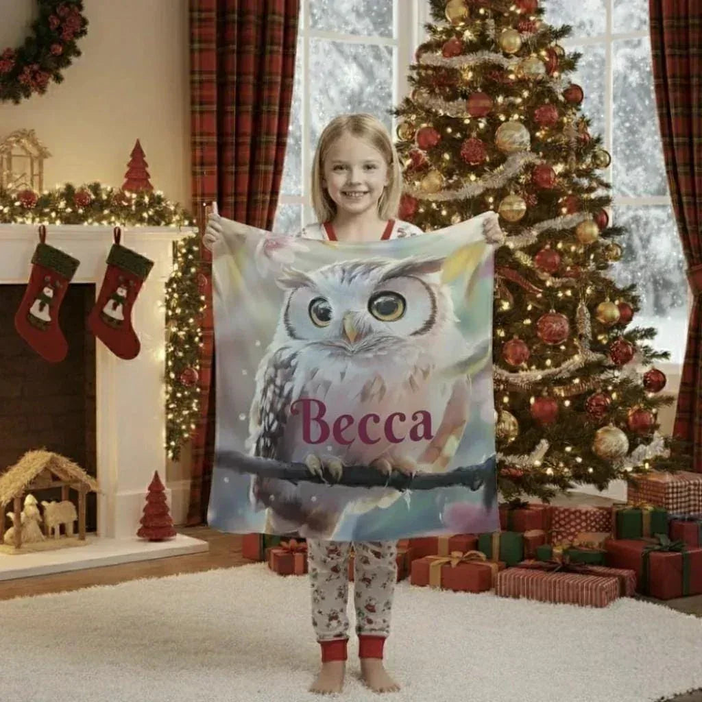 Personalized Owl Blanket | Custom Name | Fluffy Baby Owl on Branch Golden Amber Eyes Pink Floral Watercolor Spring Fleece Throw Gift