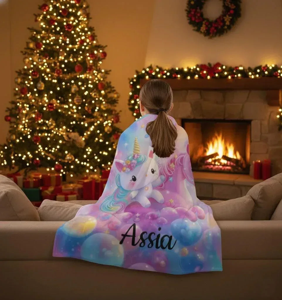 Personalized Kitty & Unicorn Blanket | Custom Name Pastel Rainbow Fleece Throw