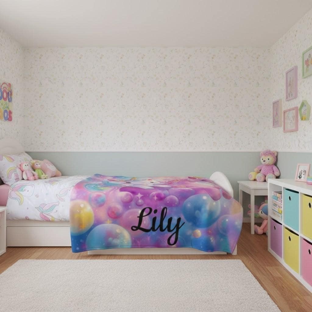 Personalized Kitty & Unicorn Blanket | Custom Name Pastel Rainbow Fleece Throw