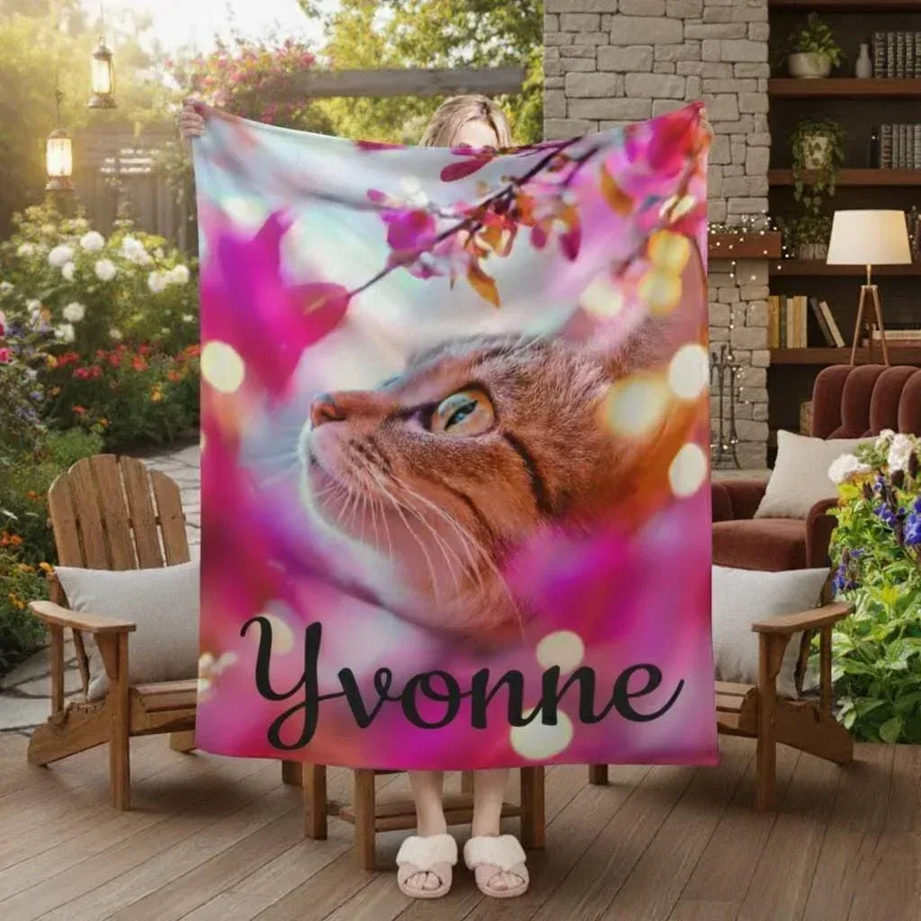 Personalized Cat Blanket | Custom Name | Tabby Cat Teal Eyes Hot Pink Cherry Blossom Bokeh Golden Light Fleece Throw Gift