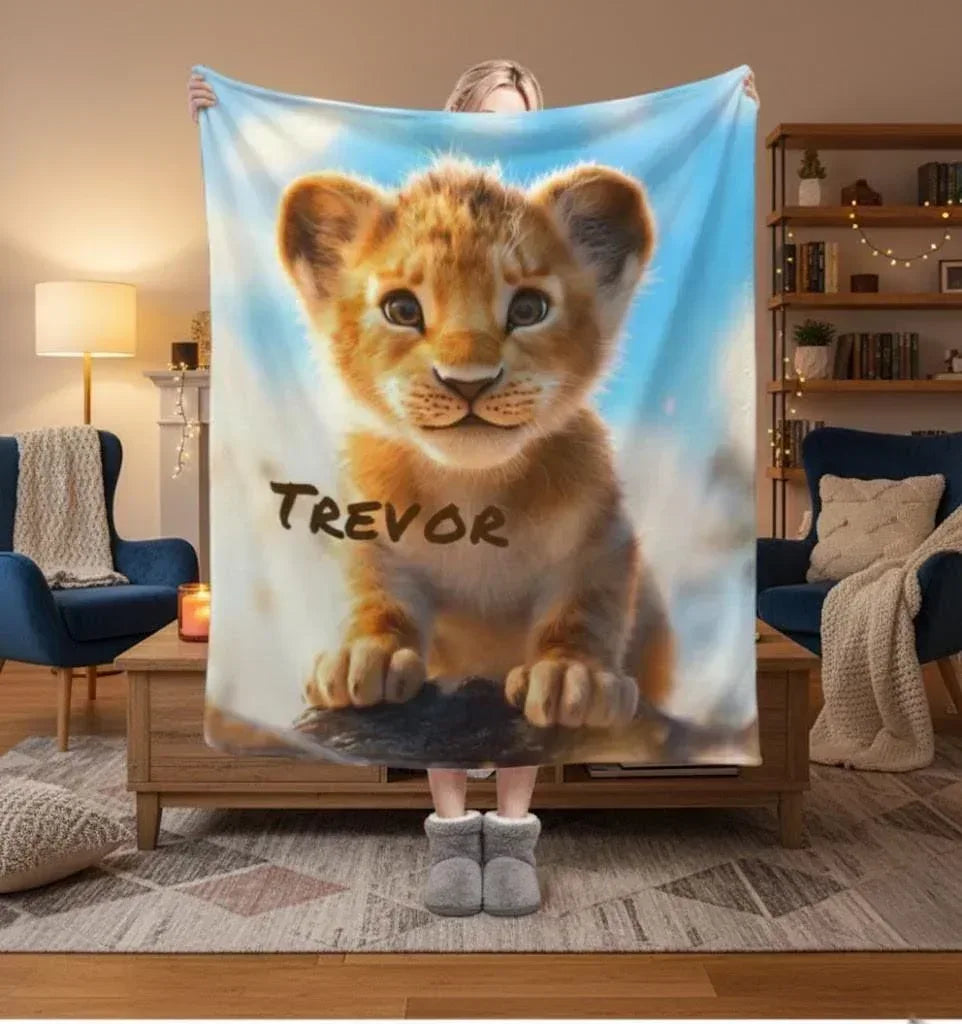 Personalized Lion Cub Blanket | Custom Name | Fluffy Golden Baby Lion Blue Sky Fleece Throw Gift