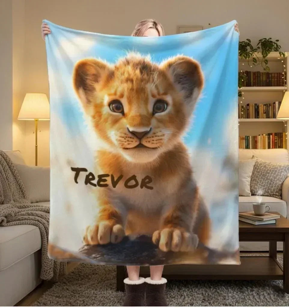 Personalized Lion Cub Blanket | Custom Name | Fluffy Golden Baby Lion Blue Sky Fleece Throw Gift