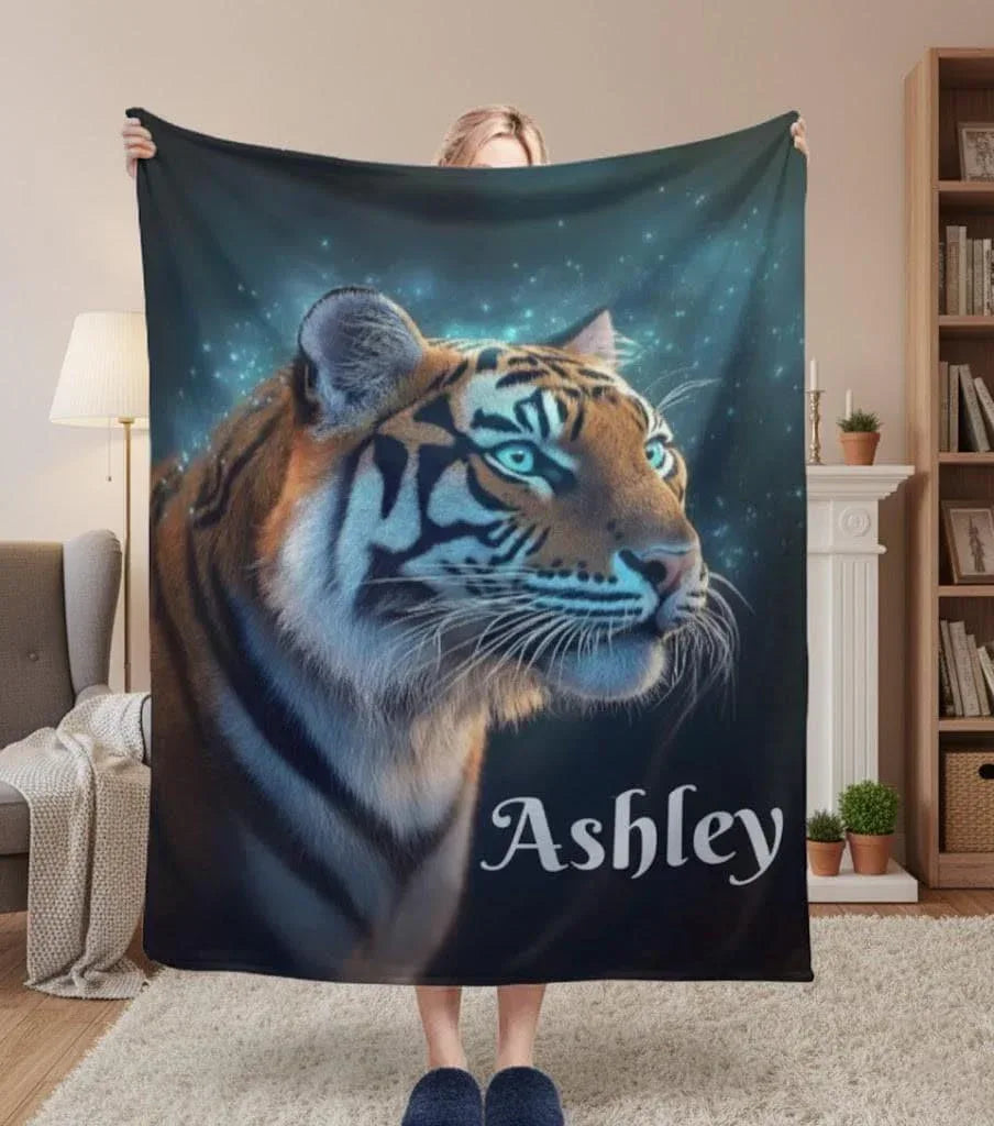 Personalized Tiger Blanket | Custom Name | Realistic Tiger Portrait Glowing Teal Eyes Starry Night Cosmic Fleece Throw Gift