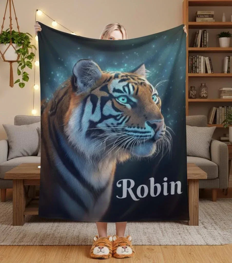 Personalized Tiger Blanket | Custom Name | Realistic Tiger Portrait Glowing Teal Eyes Starry Night Cosmic Fleece Throw Gift