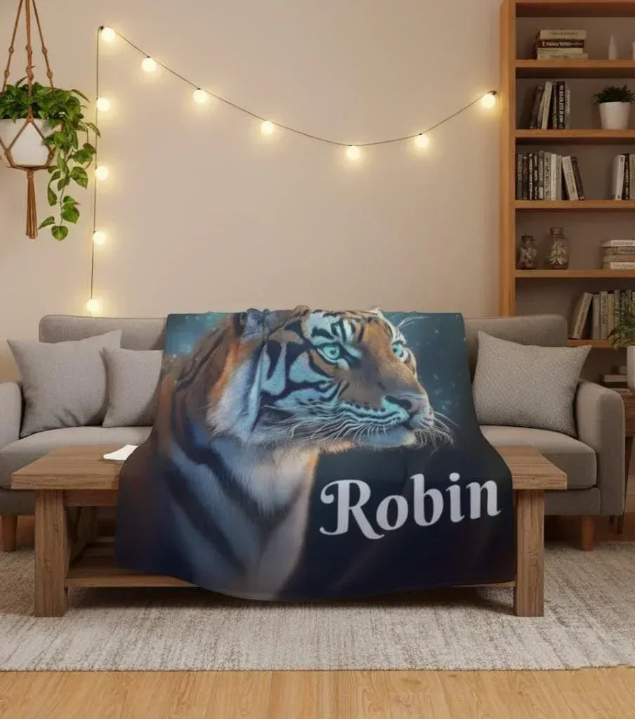 Personalized Tiger Blanket | Custom Name | Realistic Tiger Portrait Glowing Teal Eyes Starry Night Cosmic Fleece Throw Gift