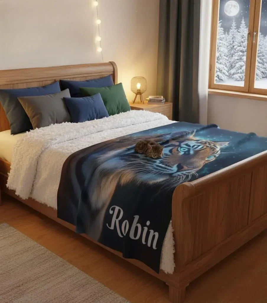 Personalized Tiger Blanket | Custom Name | Realistic Tiger Portrait Glowing Teal Eyes Starry Night Cosmic Fleece Throw Gift