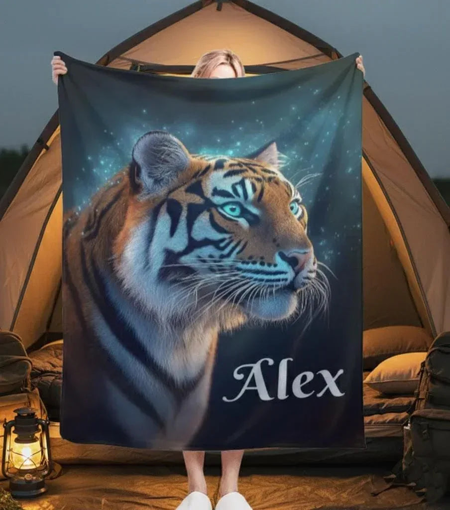 Personalized Tiger Blanket | Custom Name | Realistic Tiger Portrait Glowing Teal Eyes Starry Night Cosmic Fleece Throw Gift