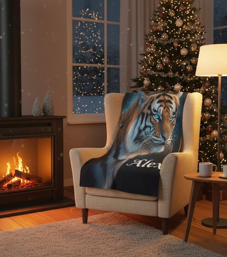 Personalized Tiger Blanket | Custom Name | Realistic Tiger Portrait Glowing Teal Eyes Starry Night Cosmic Fleece Throw Gift