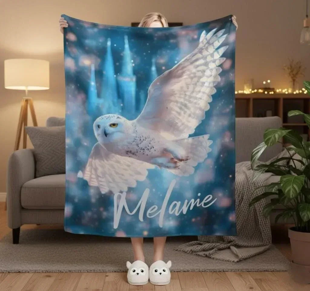 Personalized Snowy Owl Blanket | Custom Name | Blue Galaxy Fleece Throw Gift