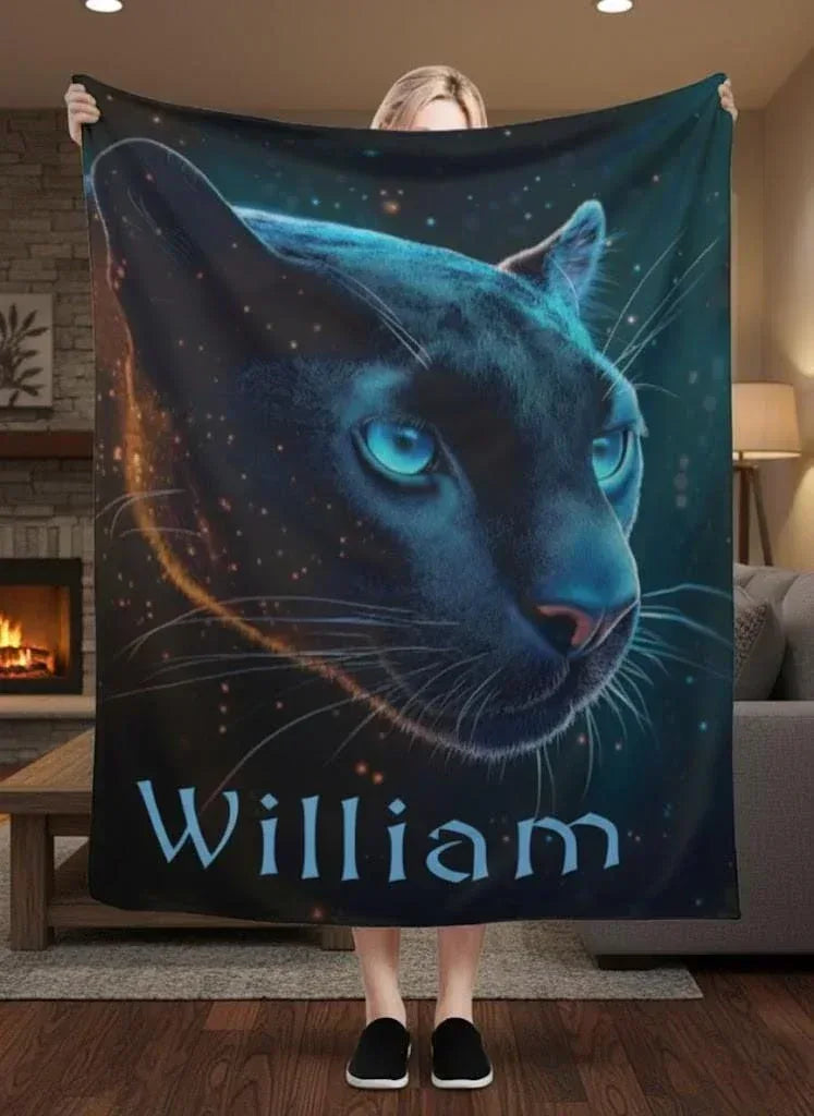 Personalized Black Panther Blanket | Custom Name | Cosmic Portrait Glowing Teal Eyes Starry Night Flannel Fleece Throw Gift