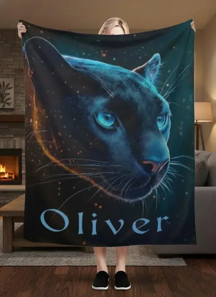 Personalized Black Panther Blanket | Custom Name | Cosmic Portrait Glowing Teal Eyes Starry Night Flannel Fleece Throw Gift