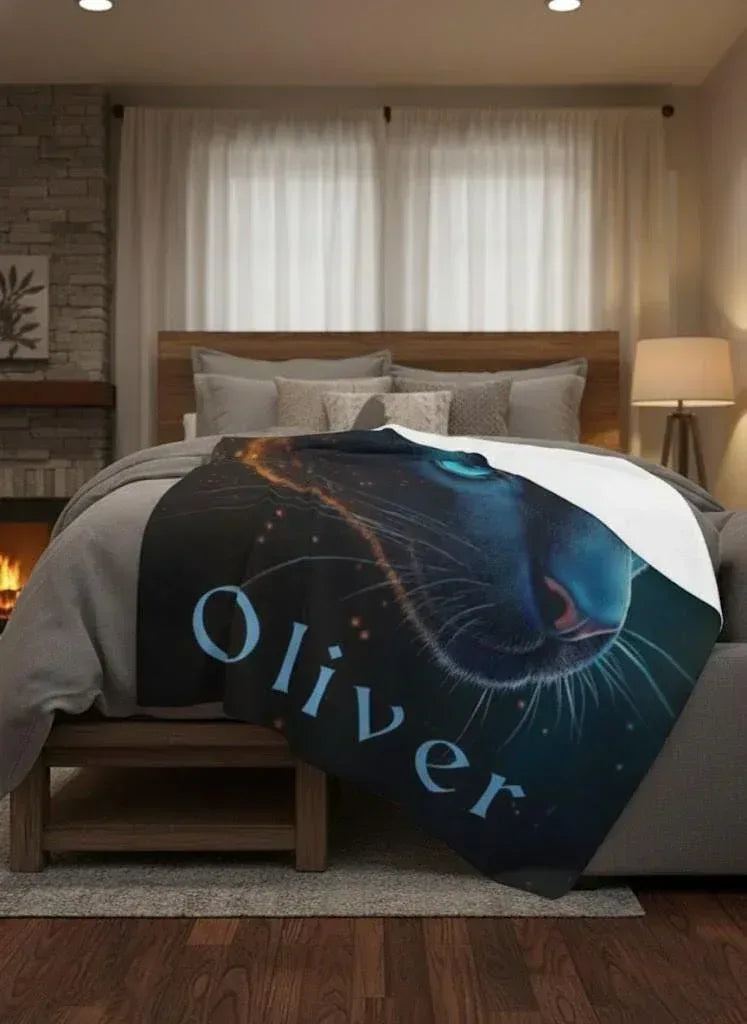 Personalized Black Panther Blanket | Custom Name | Cosmic Portrait Glowing Teal Eyes Starry Night Flannel Fleece Throw Gift