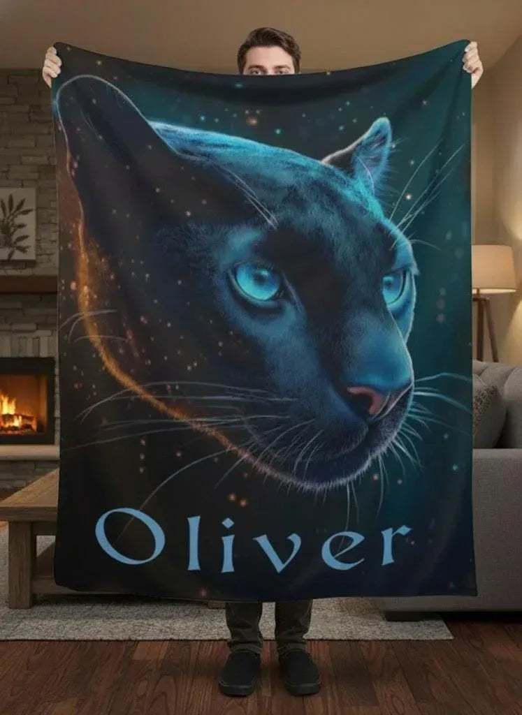 Personalized Black Panther Blanket | Custom Name | Cosmic Portrait Glowing Teal Eyes Starry Night Flannel Fleece Throw Gift