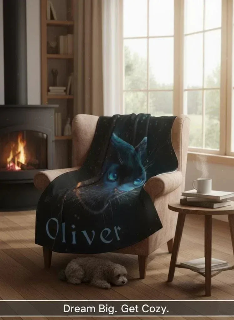 Personalized Black Panther Blanket | Custom Name | Cosmic Portrait Glowing Teal Eyes Starry Night Flannel Fleece Throw Gift