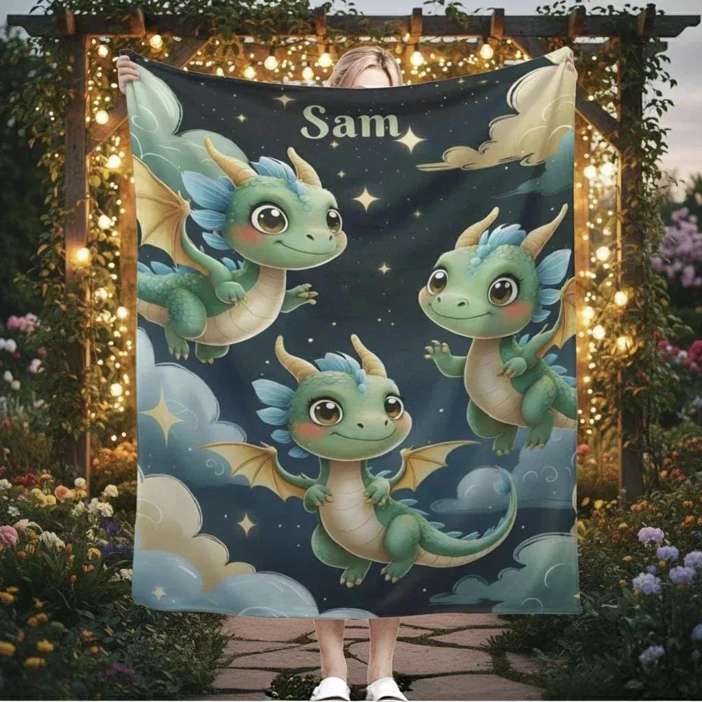 Personalized Green Dragon Blanket | Custom Name | Starry Night Fleece Throw