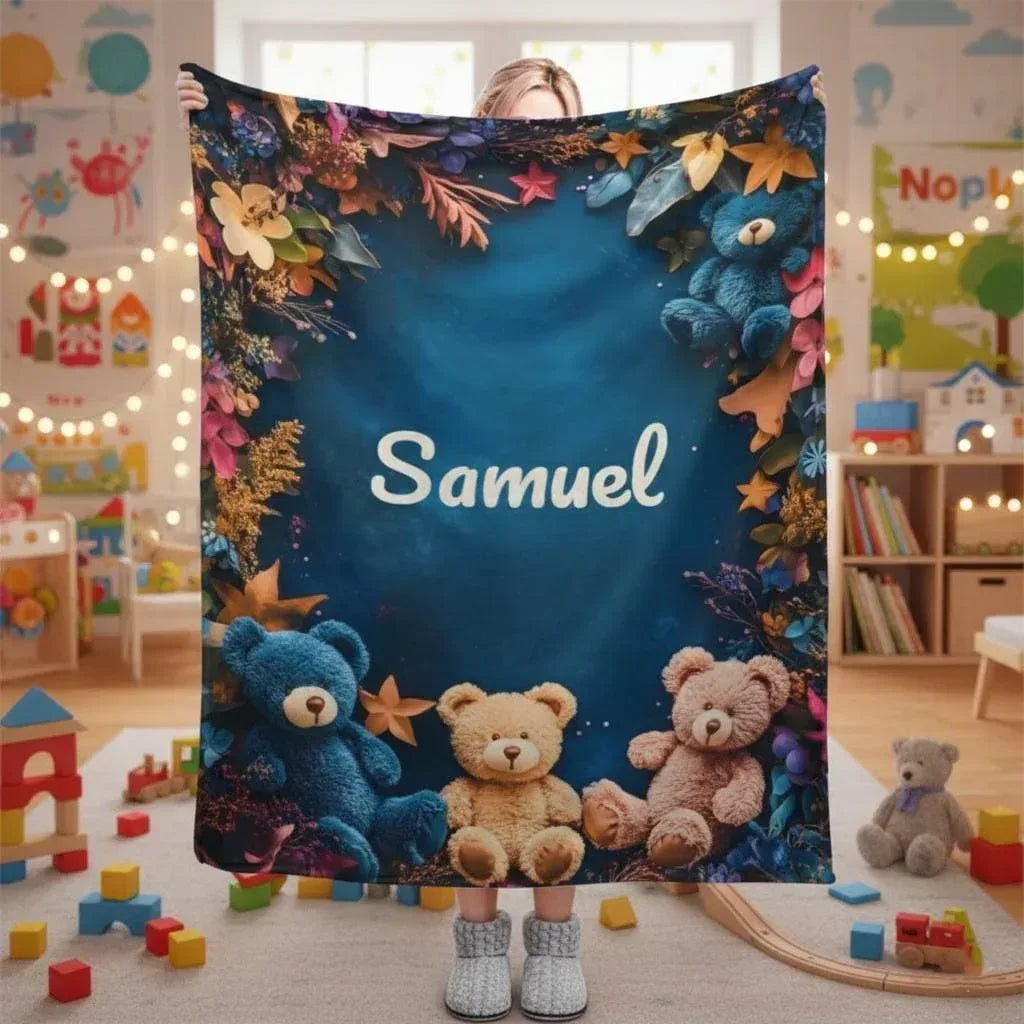 Personalized Teddy Bear Blanket | Custom Name | Three Plush Bears Botanical Border Deep Teal Fleece Throw Gift