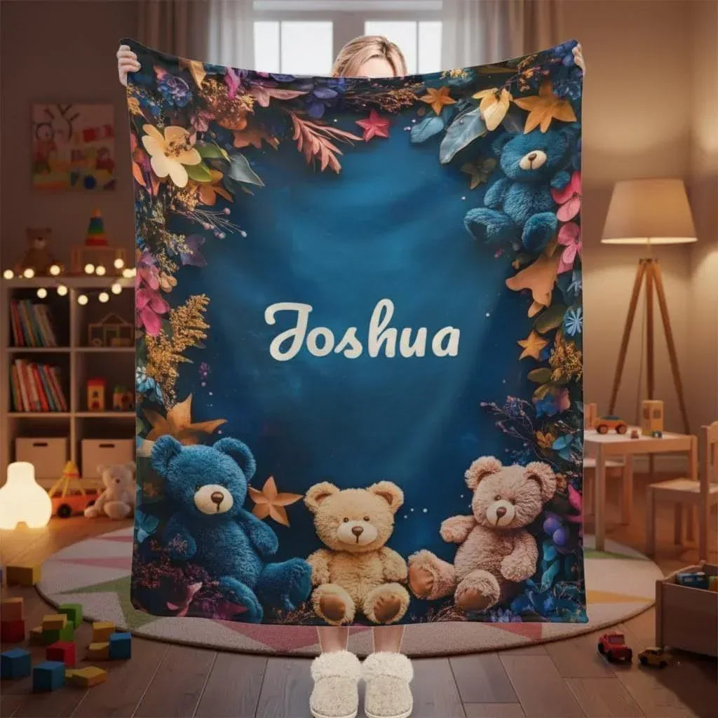 Personalized Teddy Bear Blanket | Custom Name | Three Plush Bears Botanical Border Deep Teal Fleece Throw Gift