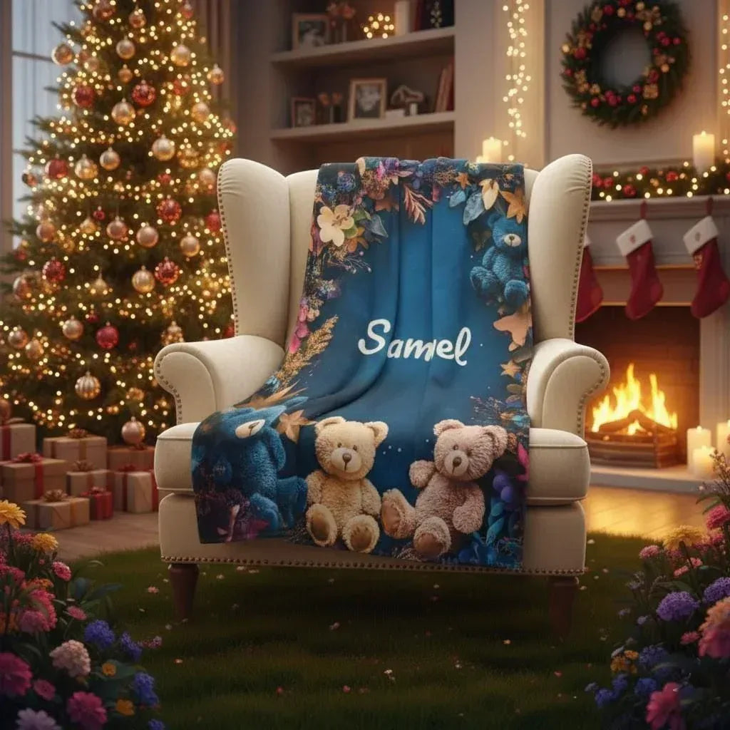 Personalized Teddy Bear Blanket | Custom Name | Three Plush Bears Botanical Border Deep Teal Fleece Throw Gift