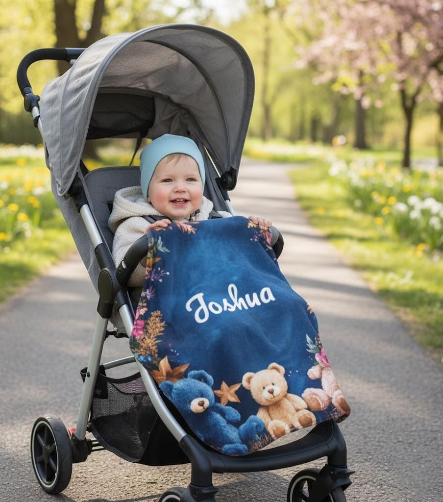 Personalized Teddy Bear Blanket | Custom Name | Three Plush Bears Botanical Border Deep Teal Fleece Throw Gift