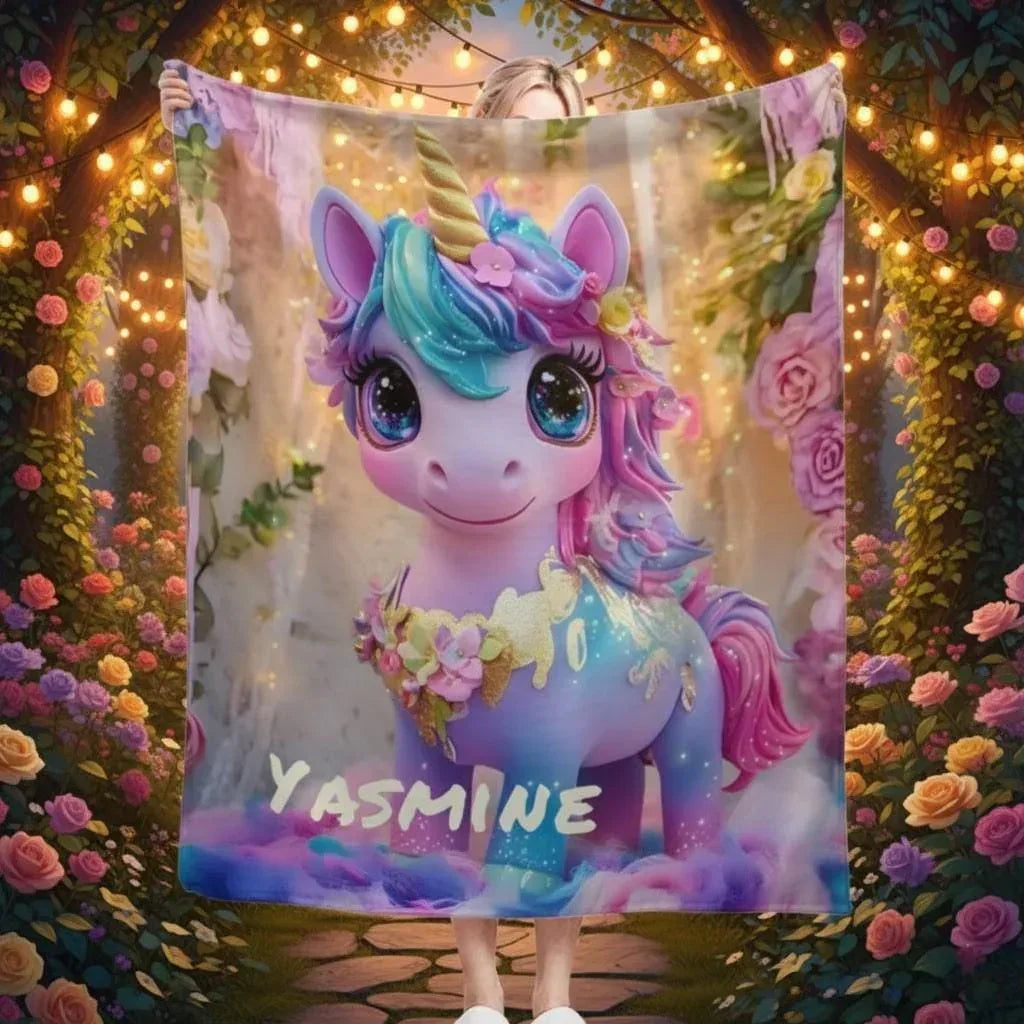 Personalized Unicorn Blanket | Custom Name | Baby Unicorn Rainbow Mane Floral Garden Sparkle 3D Flannel Fleece Throw Gift