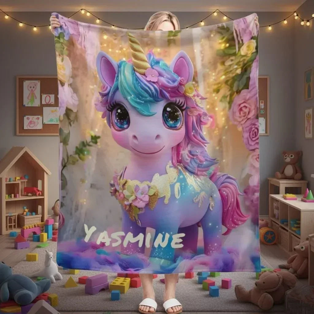 Personalized Unicorn Blanket | Custom Name | Baby Unicorn Rainbow Mane Floral Garden Sparkle 3D Flannel Fleece Throw Gift