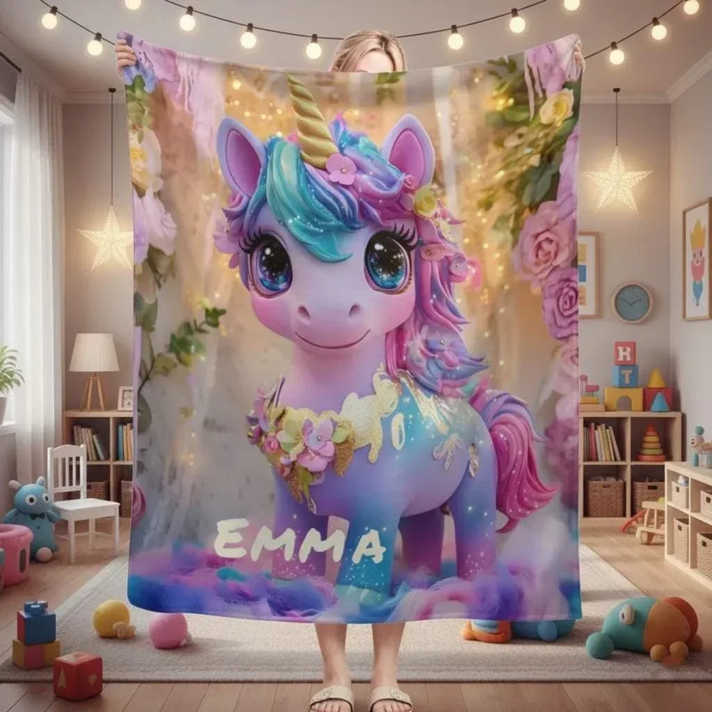 Personalized Unicorn Blanket | Custom Name | Baby Unicorn Rainbow Mane Floral Garden Sparkle 3D Flannel Fleece Throw Gift
