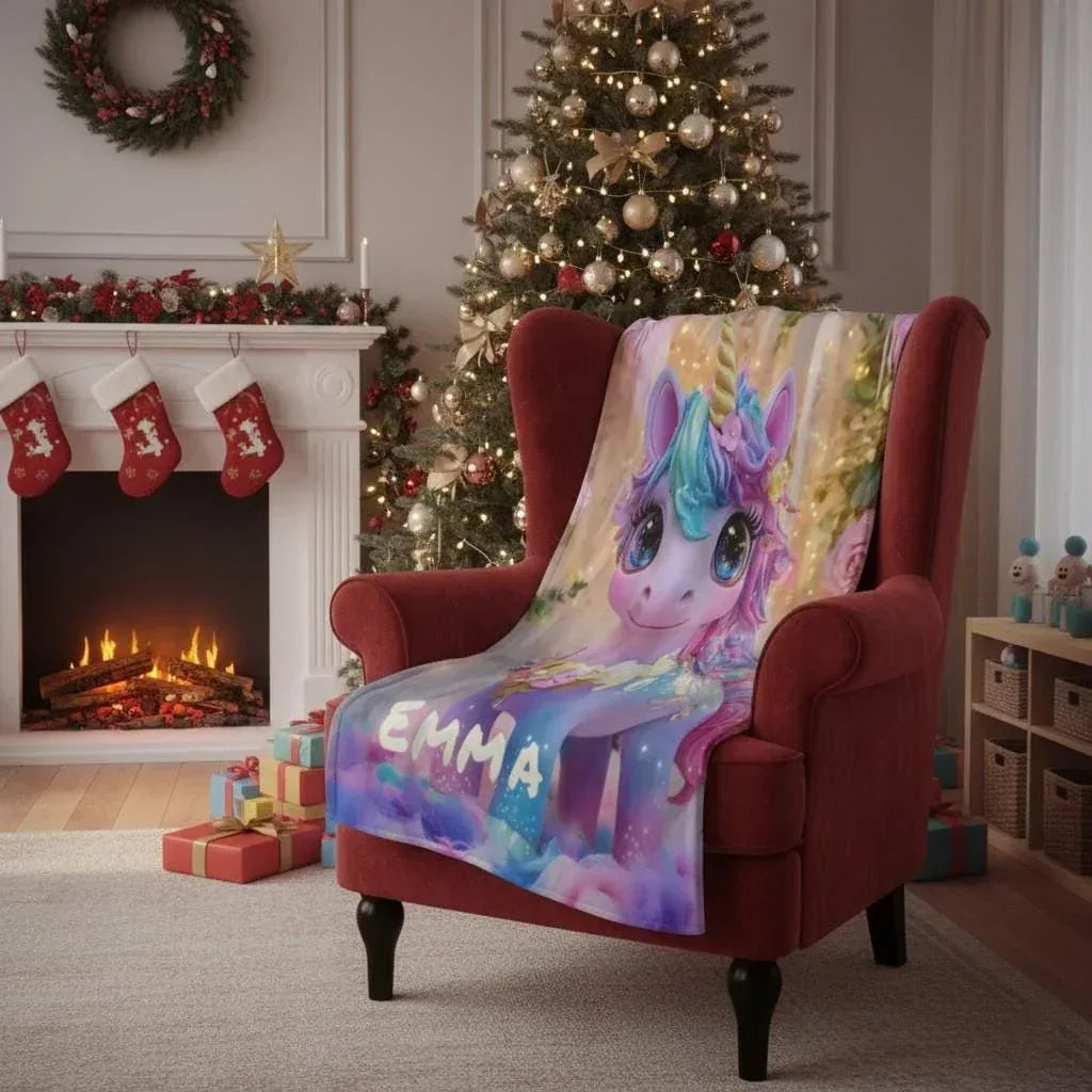 Personalized Unicorn Blanket | Custom Name | Baby Unicorn Rainbow Mane Floral Garden Sparkle 3D Flannel Fleece Throw Gift