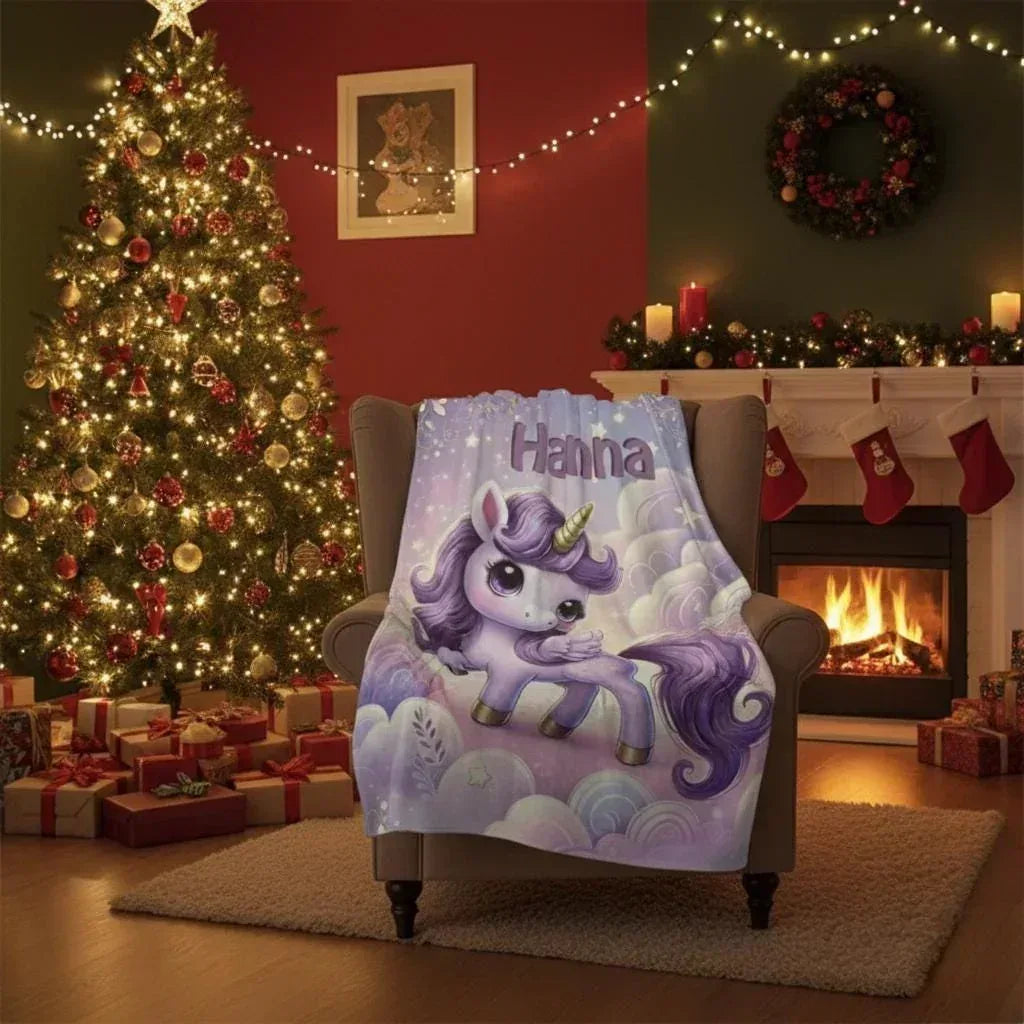 Personalized Purple Unicorn Blanket | Custom Name | Starry Cloud Flannel Fleece Throw Gift