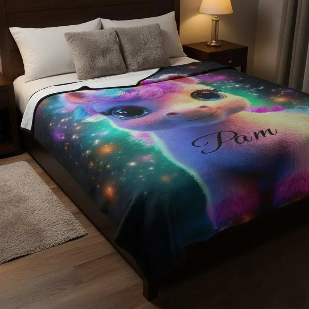 Personalized Cosmic Unicorn Blanket | Custom Name | Rainbow Galaxy Fleece Throw Gift
