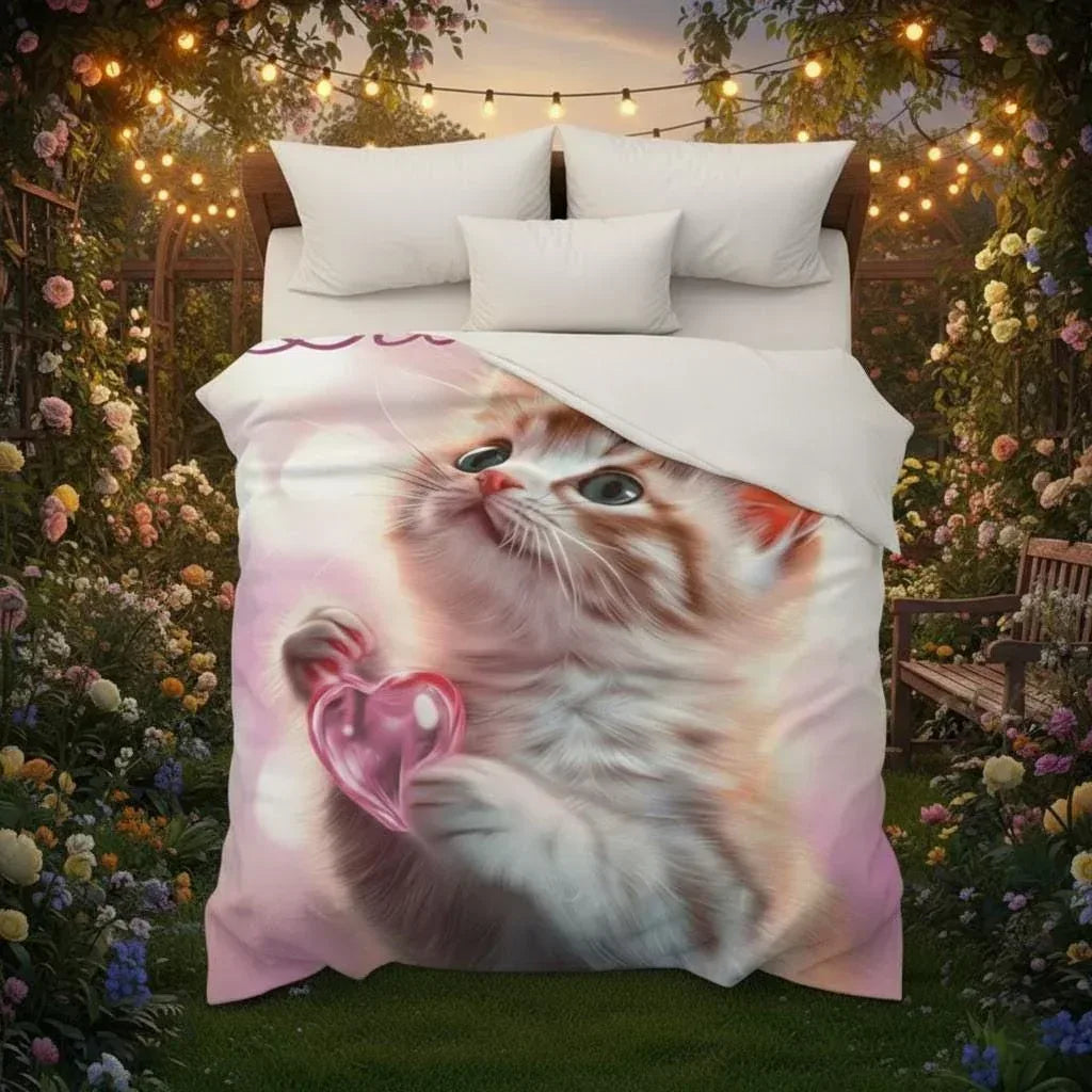 Personalized Kitten Blanket | Custom Name | Fluffy Tabby Kitten Pink Glass Heart Blush Fleece Throw Gift