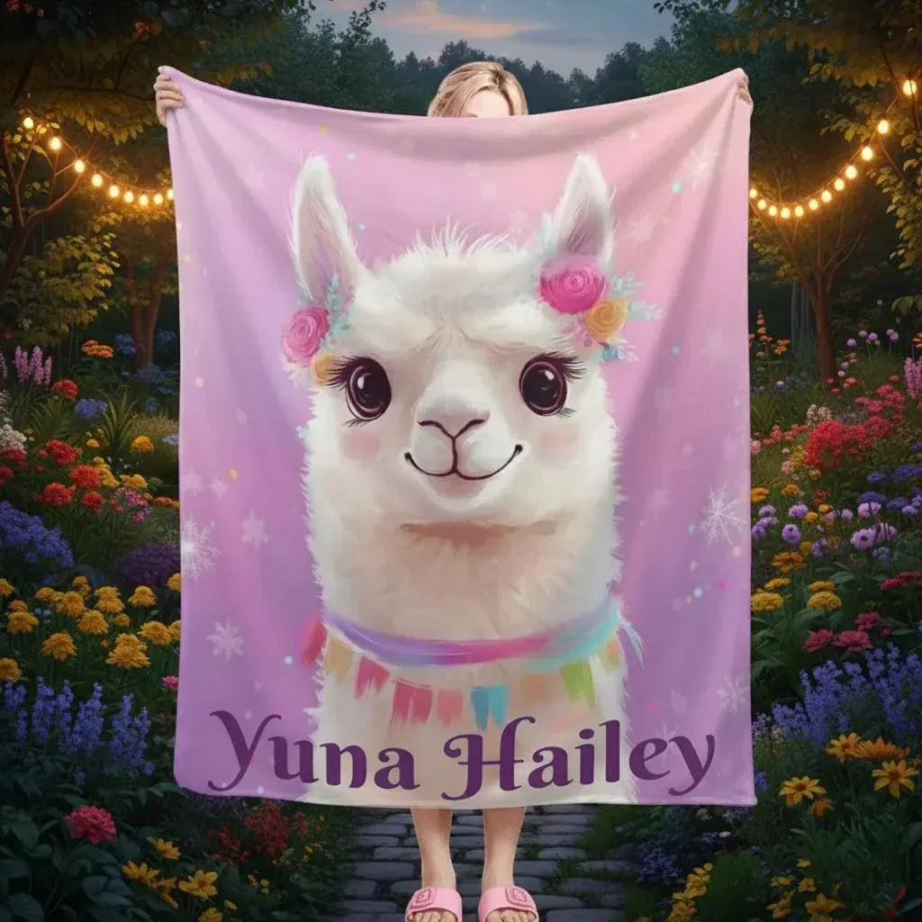 Personalized Llama Blanket | Custom Name | Pink Purple Alpaca Face Fleece Throw Gift