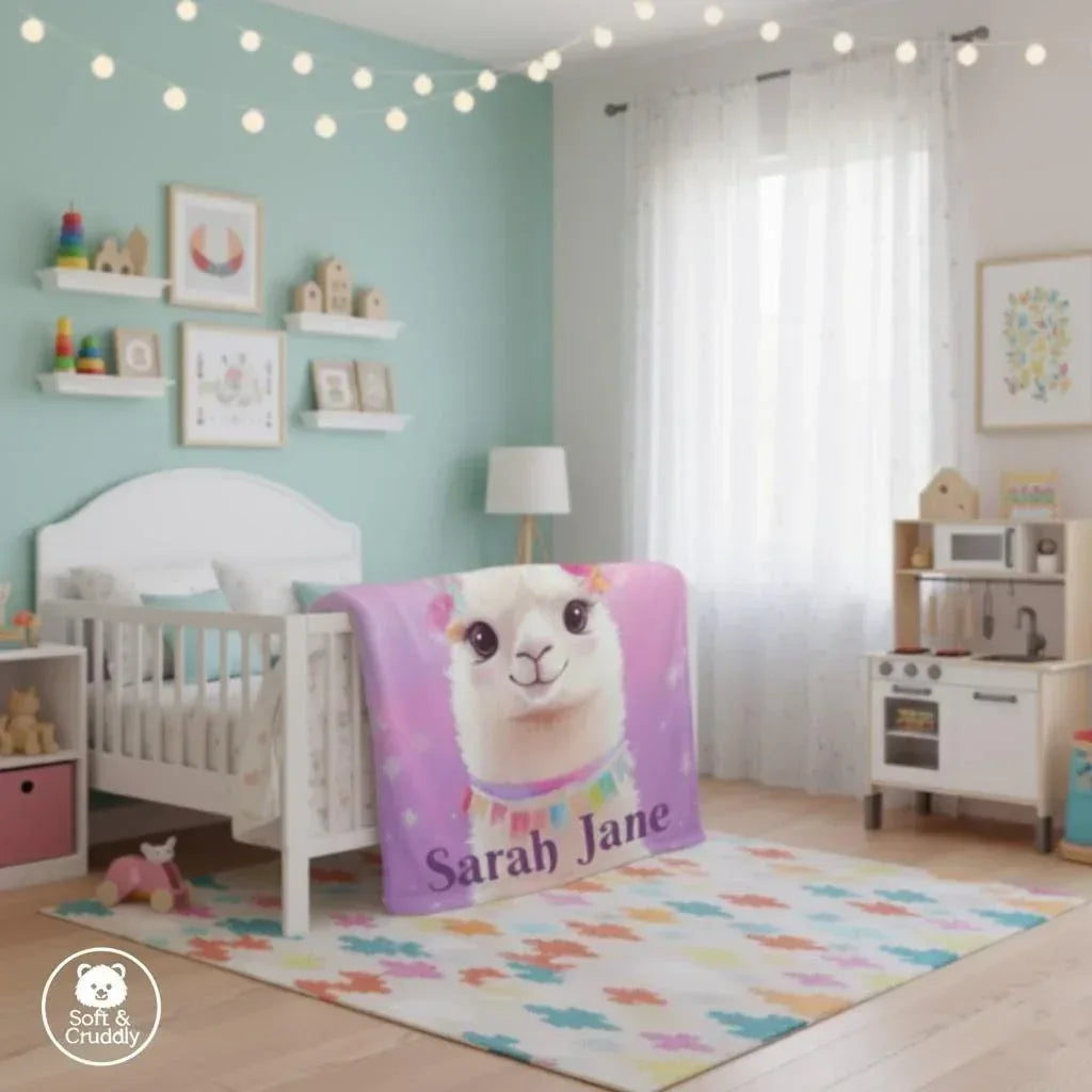 Personalized Llama Blanket | Custom Name | Pink Purple Alpaca Face Fleece Throw Gift