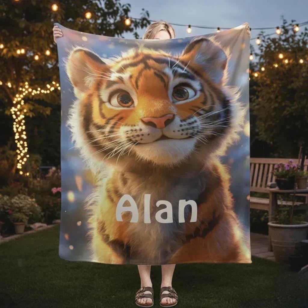 Personalized Tiger Blanket | Custom Name | Orange Tiger Cub Jungle Fleece Throw Gift