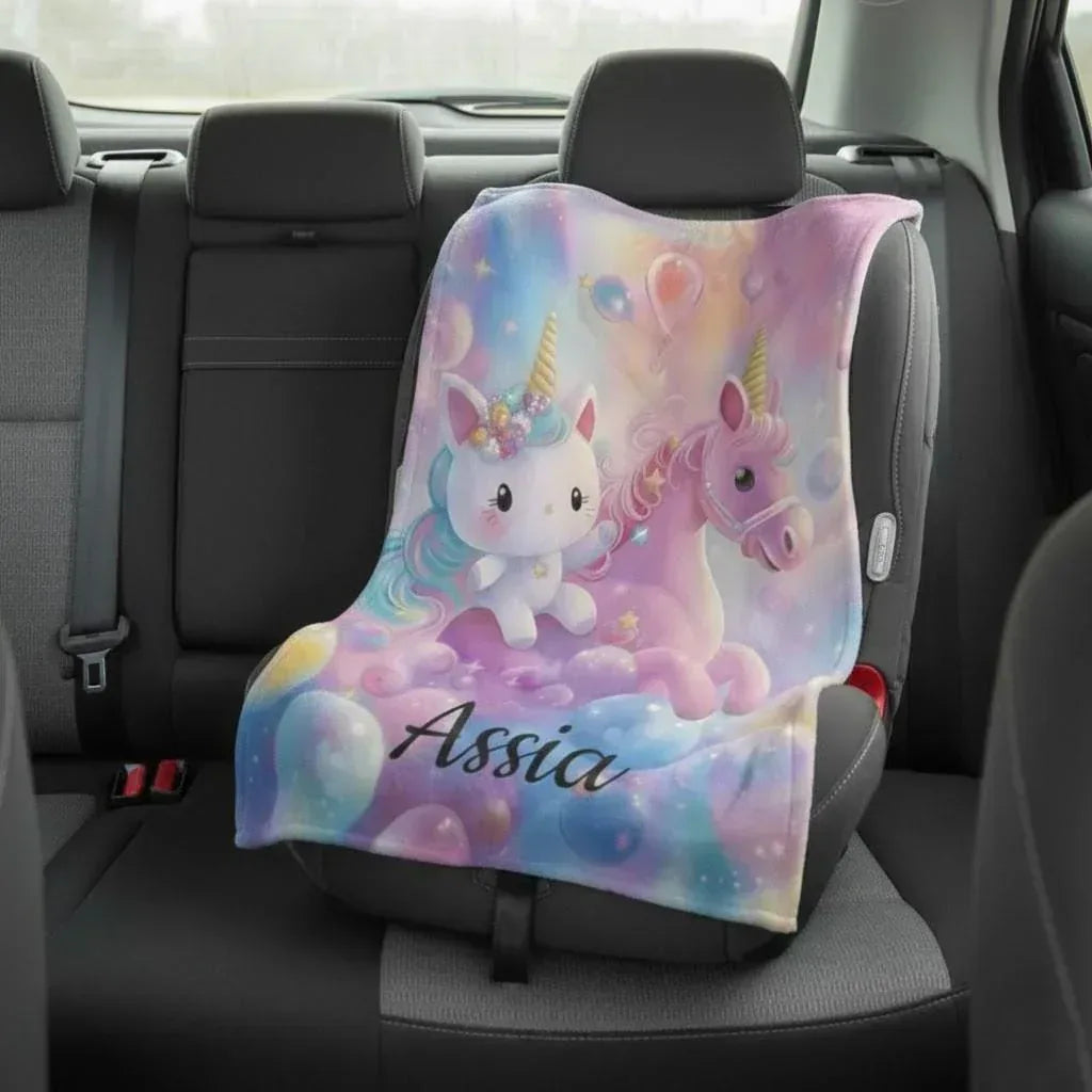 Personalized Kitty & Unicorn Blanket | Custom Name Pastel Rainbow Fleece Throw