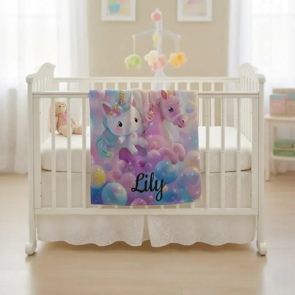 Personalized Kitty & Unicorn Blanket | Custom Name Pastel Rainbow Fleece Throw