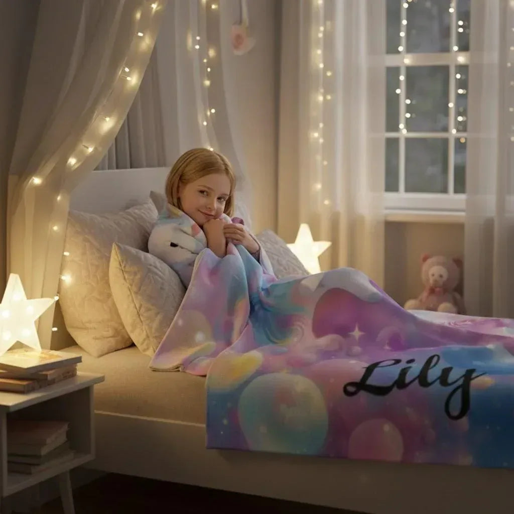 Personalized Kitty & Unicorn Blanket | Custom Name Pastel Rainbow Fleece Throw