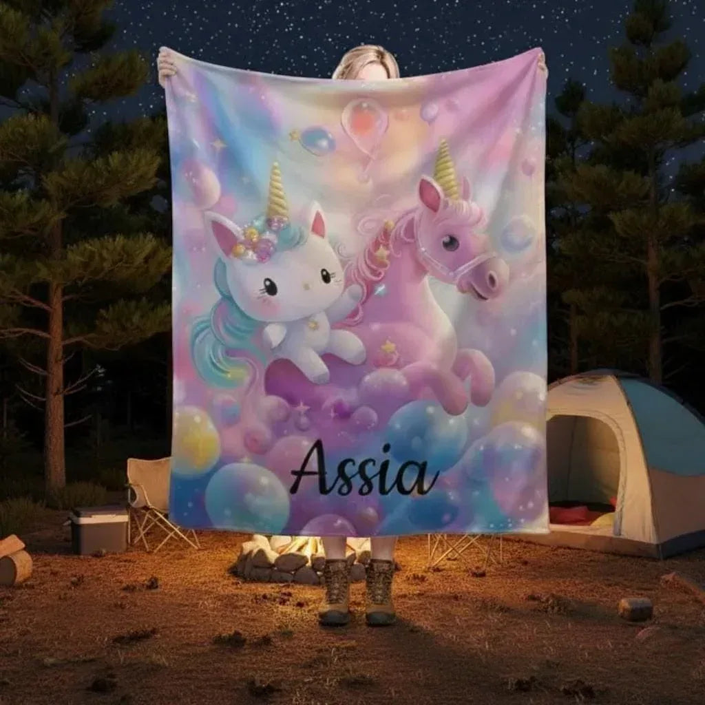 Personalized Kitty & Unicorn Blanket | Custom Name Pastel Rainbow Fleece Throw