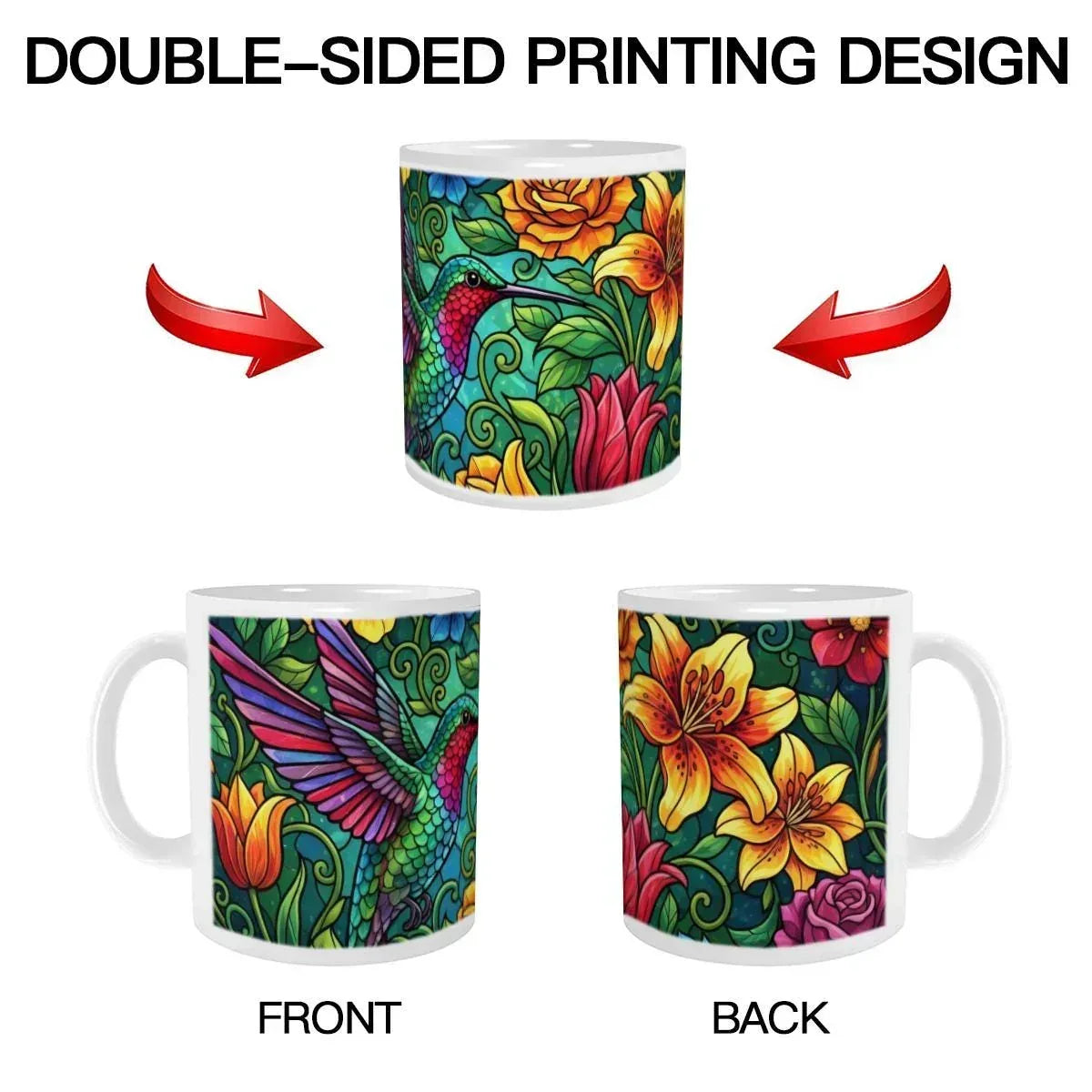 Hummingbird Mug | Stained Glass Jewel-Tone Hummingbird Tropical Flowers Ceramic Coffee Tea Cup Gift