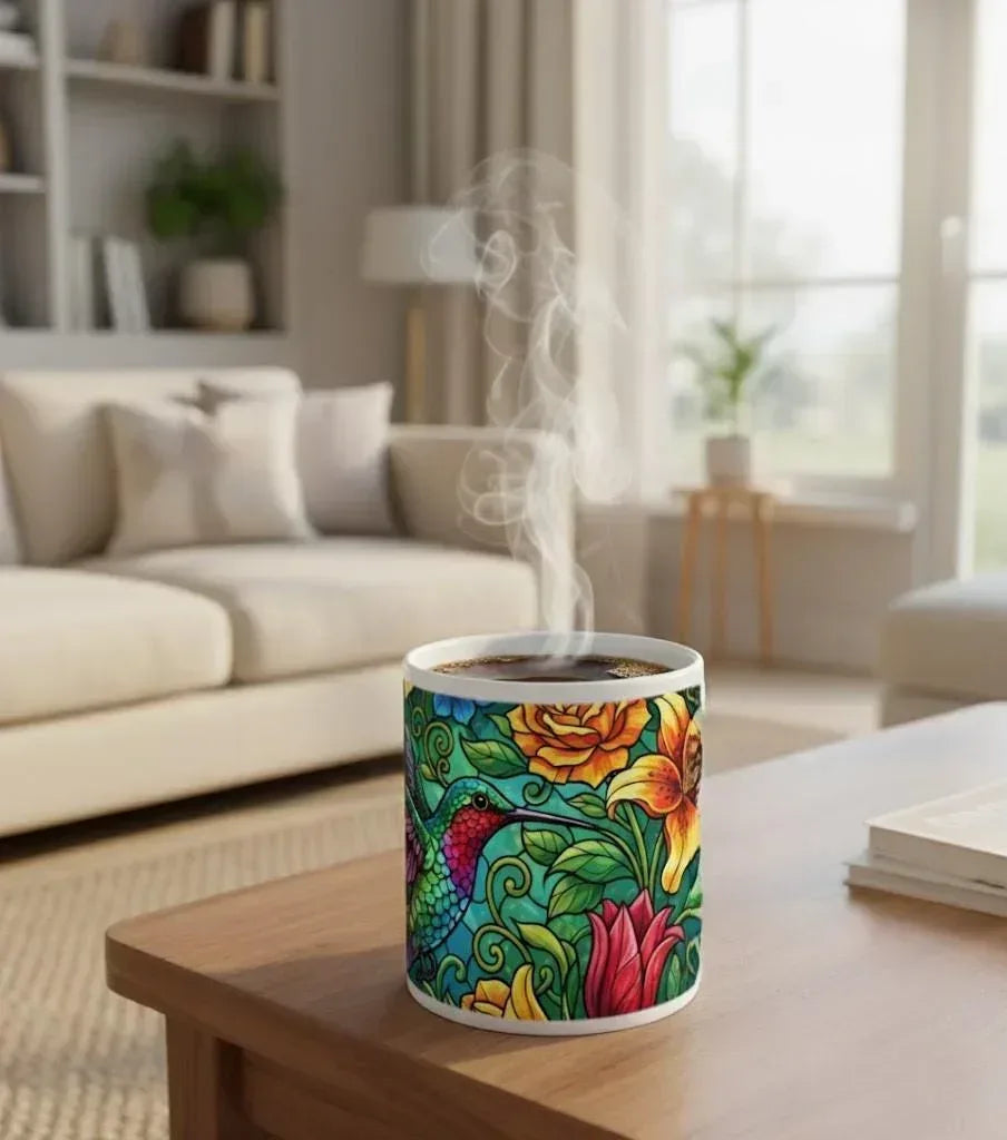 Hummingbird Mug | Stained Glass Jewel-Tone Hummingbird Tropical Flowers Ceramic Coffee Tea Cup Gift