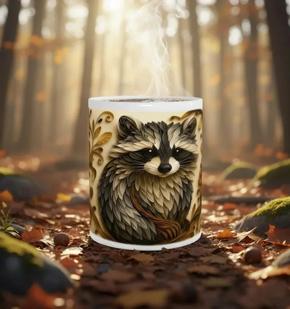 Whimsical Raccoon Mug | 3D Quilling Art Style | Woodland Animal Coffee & Tea Ceramic Gift