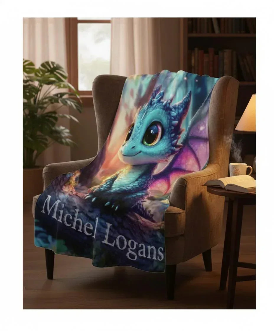 Personalized Blue Dragon Blanket | Custom Name | Magical Fantasy Fleece Throw Gift