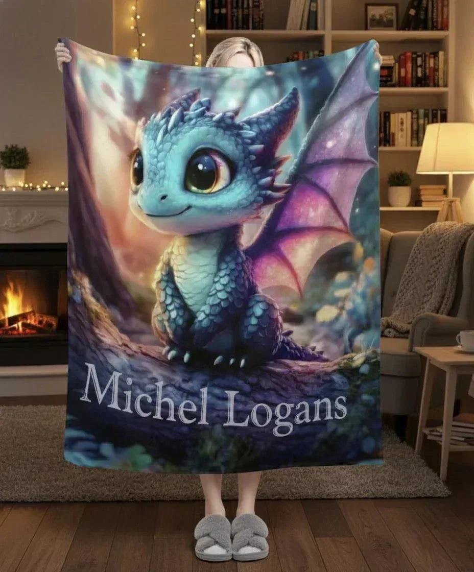 Personalized Blue Dragon Blanket | Custom Name | Magical Fantasy Fleece Throw Gift