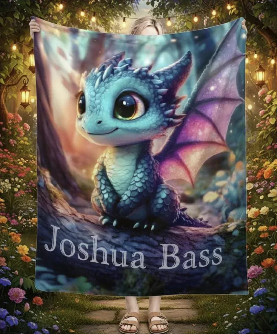 Personalized Blue Dragon Blanket | Custom Name | Magical Fantasy Fleece Throw Gift