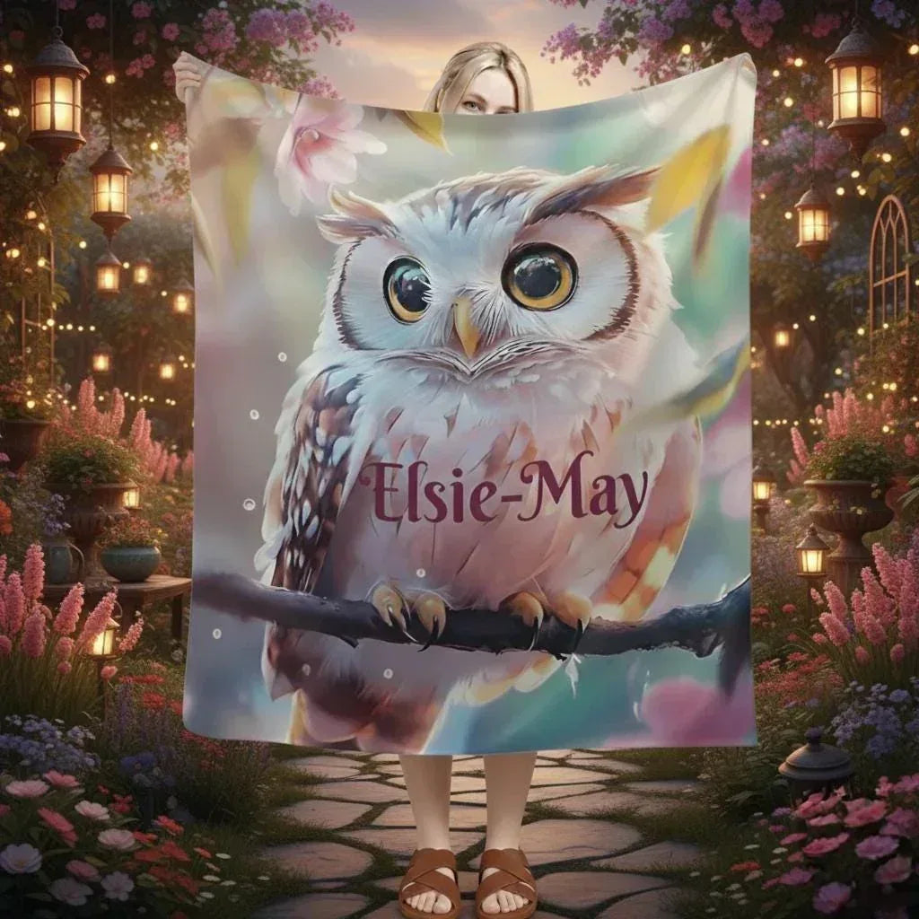 Personalized Owl Blanket | Custom Name | Fluffy Baby Owl on Branch Golden Amber Eyes Pink Floral Watercolor Spring Fleece Throw Gift