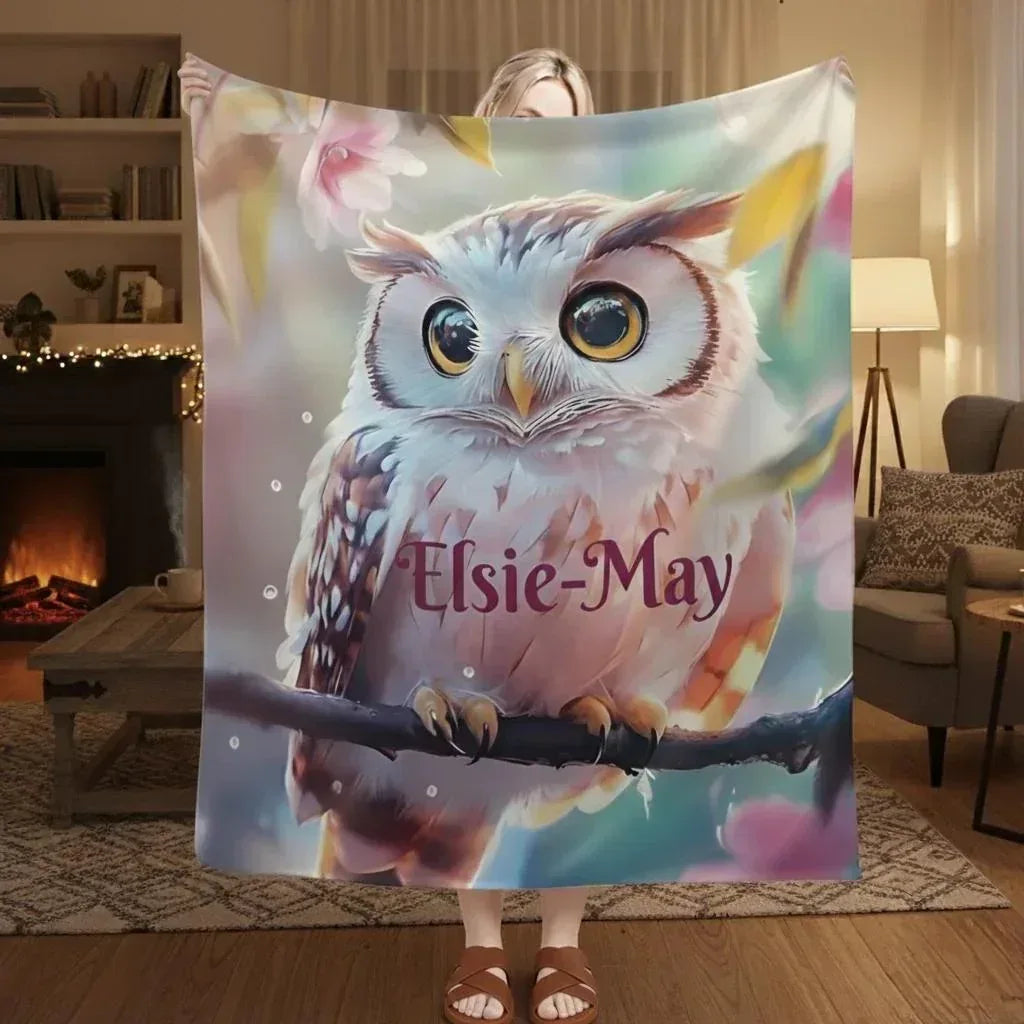 Personalized Owl Blanket | Custom Name | Fluffy Baby Owl on Branch Golden Amber Eyes Pink Floral Watercolor Spring Fleece Throw Gift