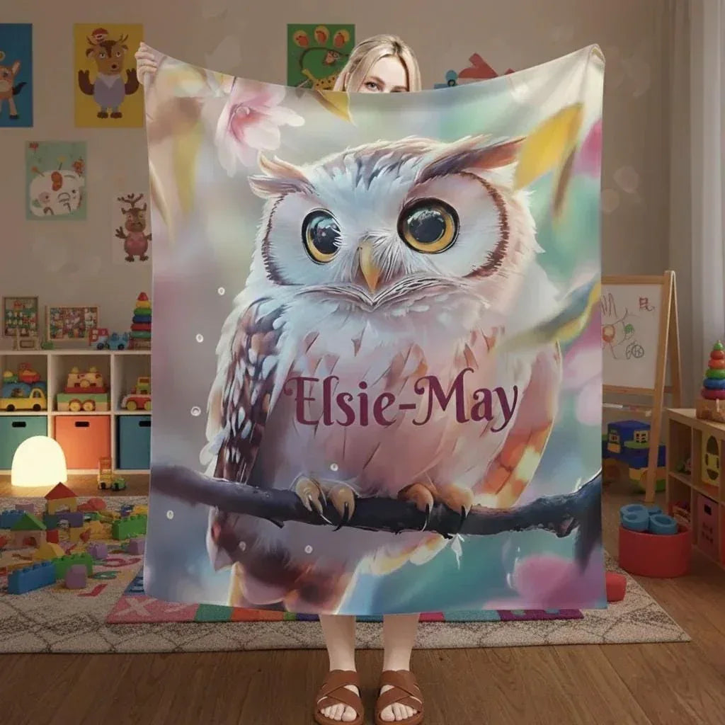 Personalized Owl Blanket | Custom Name | Fluffy Baby Owl on Branch Golden Amber Eyes Pink Floral Watercolor Spring Fleece Throw Gift