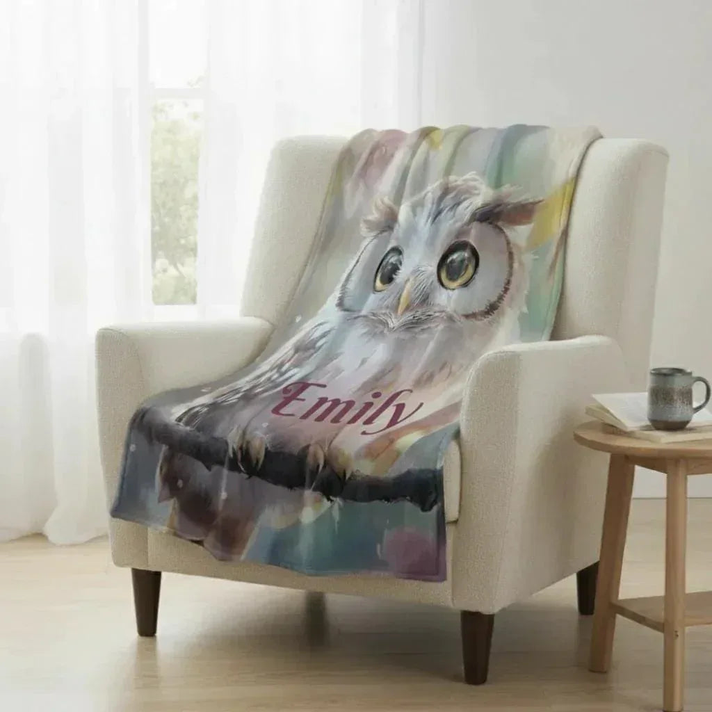 Personalized Owl Blanket | Custom Name | Fluffy Baby Owl on Branch Golden Amber Eyes Pink Floral Watercolor Spring Fleece Throw Gift