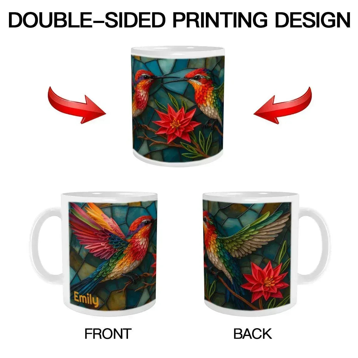 Personalized Stained Glass Hummingbird Mug | Custom Name | Bohemian Ceramic Coffee Tea Cup Gift