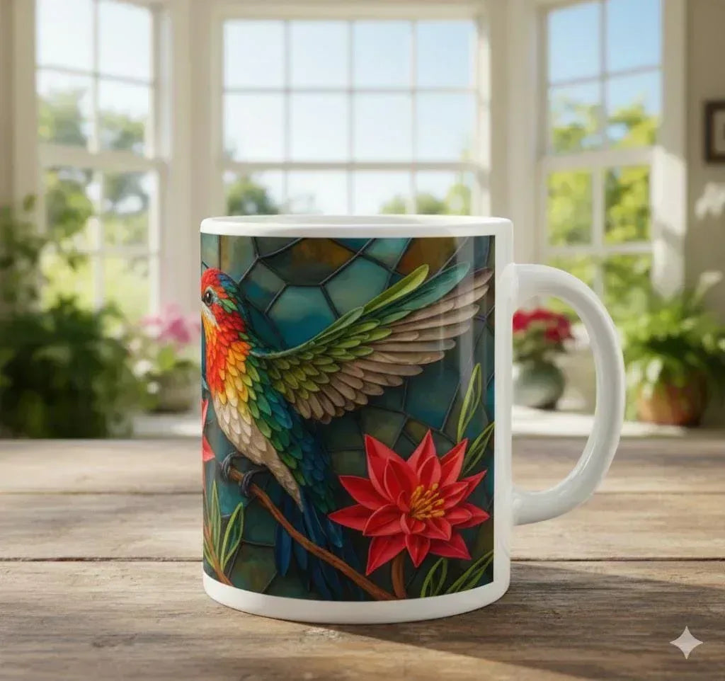 Personalized Stained Glass Hummingbird Mug | Custom Name | Bohemian Ceramic Coffee Tea Cup Gift